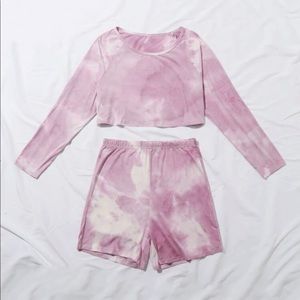 Pink and White Tie Dye Crop Top Biker Shorts Set